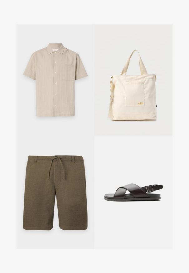 Kurzarmhemd aus leicht beigem Stoff mit strukturiertem Muster, Knopfverschluss und aufgesetzter Tasche auf der linken Brustseite. Klassisches Kragen-Design.; Olivgrüne Leinen-Shorts mit flachem Frontschnitt, Kordelzugbund und seitlichen Taschen; strukturierter Stoff mit lockerer, lässiger Passform.; Herrendunkelbraune Ledersandale mit gekreuzten Riemen und verstellbarem Schnallenriemen an der Ferse auf flacher Sohle, seitlich gezeigt.; Beige Canvas-Shopper mit Fronttasche, zwei Griffen, verstellbarem Schulterriemen und kleinem gelbem "O.N.S"-Text unten rechts auf der Tasche.
