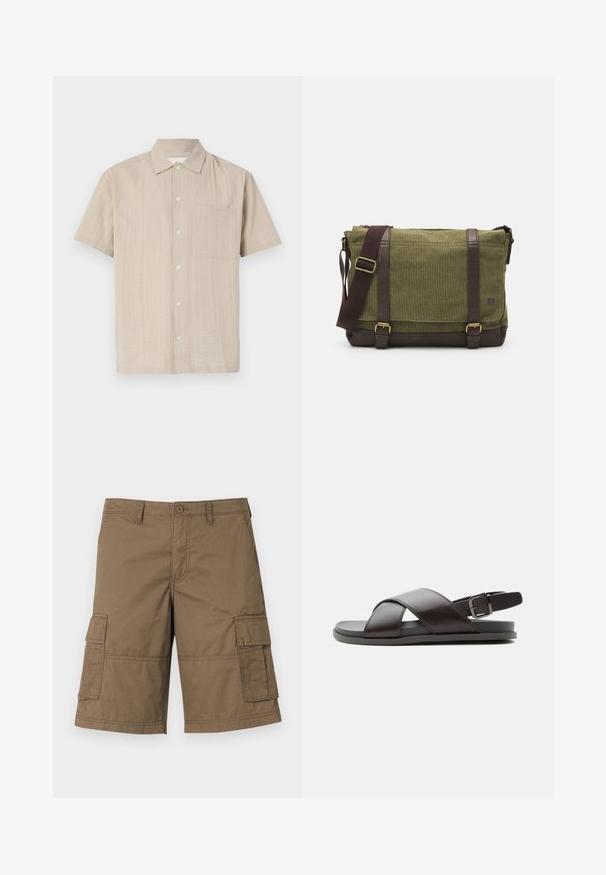 Camisa de manga corta en tejido beige claro con un patrón texturizado, cierre de botones y bolsillo de parche en el lado izquierdo del pecho. Diseño de cuello clásico.; Pantalones cortos de algodón marrón tipo cargo que cuentan con múltiples bolsillos laterales, un cierre de botones y detalles cosidos. Diseño clásico de longitud a la rodilla.; Sandalia de cuero marrón oscuro para hombre con tiras cruzadas y correa ajustable con hebilla en el talón sobre suela plana, mostrada de perfil.; Bolso mensajero de tela verde con detalles de cuero marrón, tapa frontal, correa ajustable y cierre con cremallera en la parte superior. Presenta herrajes dorados.