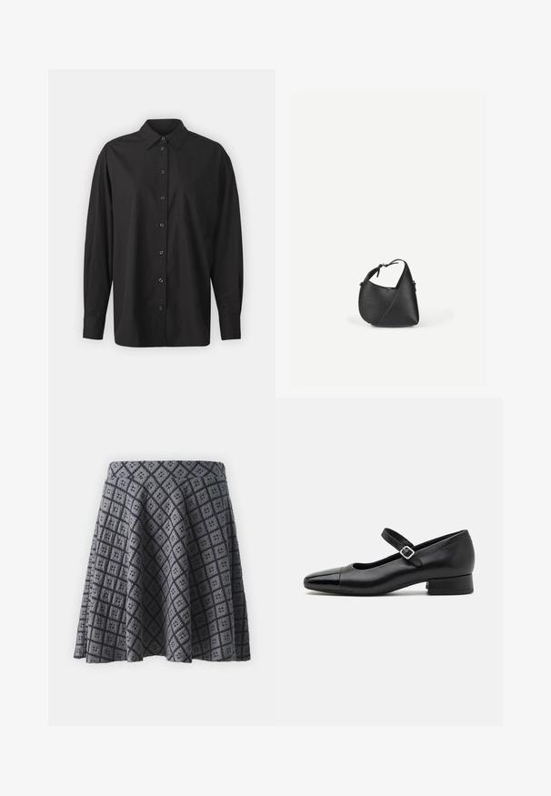 GAP THE BIG SHIRT - Blusa - black; Falda gris con un diseño acampanado, que presenta un patrón de diamantes y tela texturizada. Incluye una cintura sólida.; Zapatos Mary Jane de cuero negro con puntera de charol, correa de tobillo ajustable y tacón bajo. Textura suave y diseño elegante.; Bolso de hombro de cuero negro con forma triangular redondeada y correa ajustable sobre un fondo liso y claro.