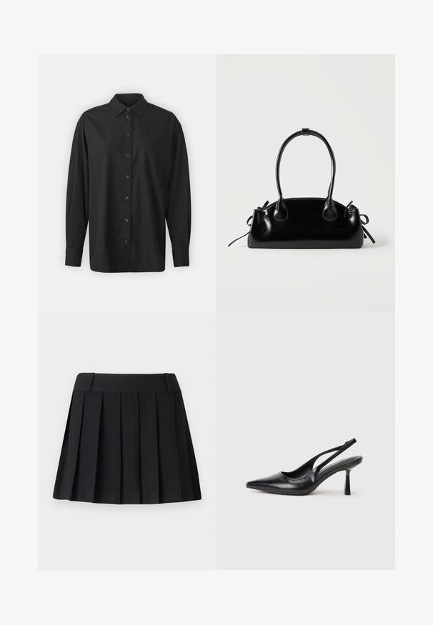 GAP THE BIG SHIRT - Overhemdblouse - black; Zwarte geplooide rok met een op maat gemaakte tailleband, gemaakt van lichte stof. Kenmerkt zich door gelijkmatig verdeelde plooien en een eenvoudig, strak ontwerp.; Zwarte leren slingback hoge hak schoenen met puntige neus en slanke hak op een witte achtergrond.; Kleine zwarte glanzende handtas met twee lange hengsels en zijkant trekkoord details op een effen lichte achtergrond.