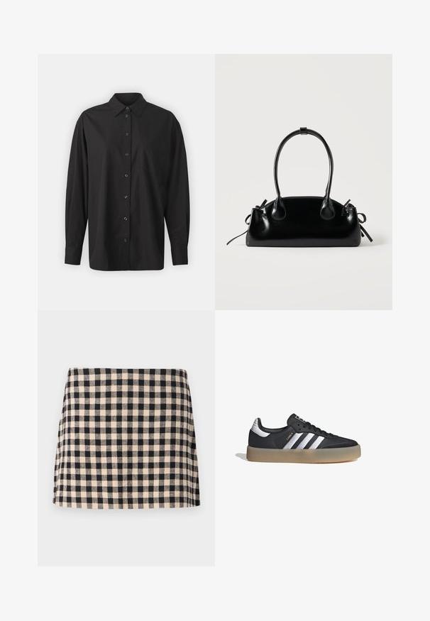 GAP THE BIG SHIRT - Blusa - black; Falda a cuadros negra y crema con corte recto, que presenta una textura suave y un dobladillo que se sitúa por encima de la rodilla. Sin herrajes ni acentos.; Zapatilla deportiva de cuero negro con tres rayas plateadas, punta texturizada y suela de goma. Cuenta con un collar acolchado y un diseño con cordones.; Pequeño bolso negro brillante con dos asas largas y detalles de cordón lateral sobre un fondo claro liso.