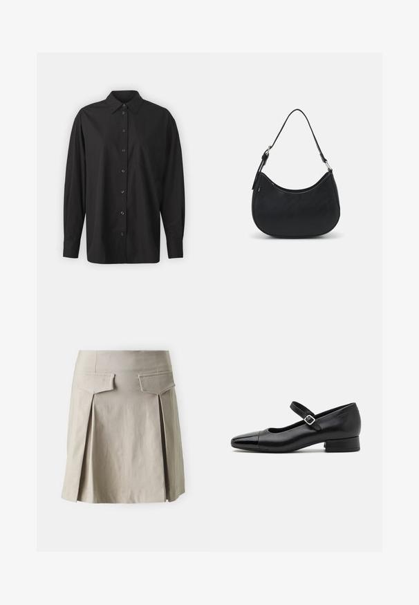 GAP THE BIG SHIRT - Overhemdblouse - black; Beige geplisseerde rok met een rechte snit, voorzien van twee achterzakken en een soepele textuur. De stof lijkt licht en casual.; Zwarte leren Mary Jane schoenen met een gepatenteerde neus, verstelbare enkelband en lage blokhak. Een gladde textuur en een elegante uitstraling.; Zwarte hobo tas van soepel leer met een gebogen silhouet, voorzien van een enkele verstelbare schouderriem en minimalistische ontwerpdetails.