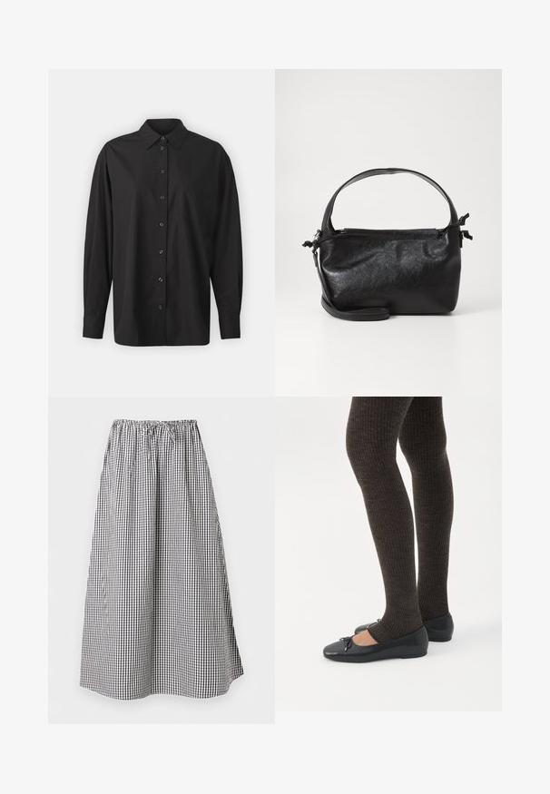 GAP THE BIG SHIRT - Skjortebluser - black; Lang A-linje nederdel med sort-hvidt gingham-mønster og elastisk taljebånd med snøre.; Ben iført mørke ribbede leggings kombineret med sorte balletsko med små sløjfedetaljer på hvid baggrund.; Sort læderhåndtaske med et struktureret design, rund tophåndtag og aftagelig skulderrem. Den har en glat tekstur og en subtil glans.