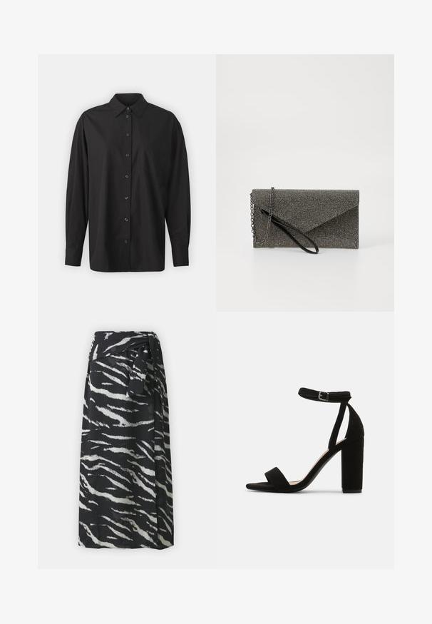 GAP THE BIG SHIRT - Skjortebluser - black; Sort wrap-nederdel i stof med hvide zebra-striber. Har en bindebåndslukning i taljen. Blød tekstur, knælangt design.; Sort ruskind åbentået hæl-sandal med en bred tårem, ankelrem og en blokhæl. Glat tekstur og minimalistisk design.; Metallic grå clutch pung med struktureret mesh mønster, kuverter design, kæde rem og en slank, tynd håndledsrem.