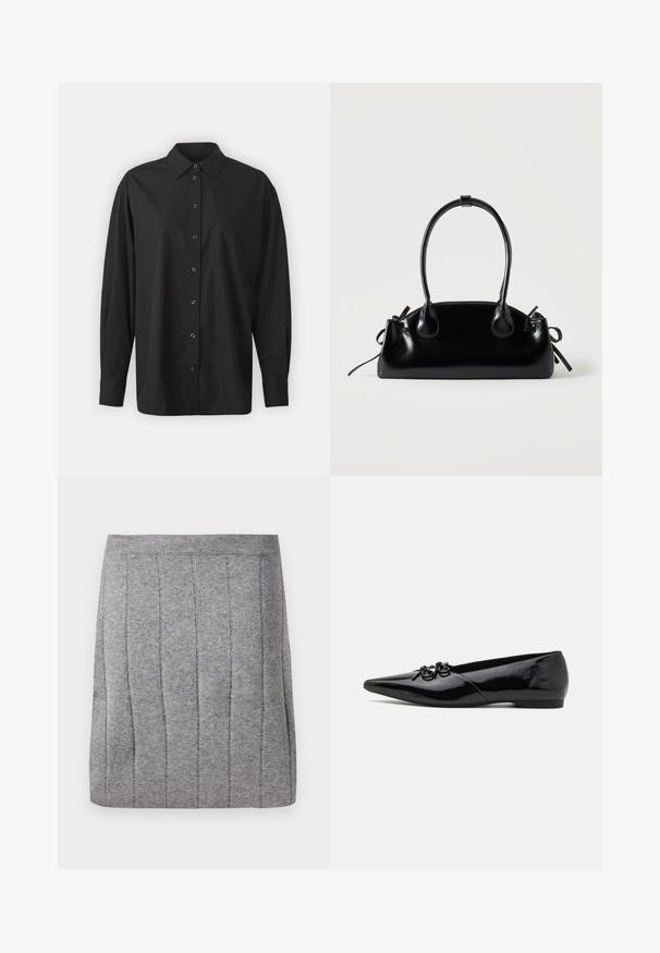 GAP THE BIG SHIRT - Πουκαμίσα με κουμπιά - black; Object OBJTHESS - Μίνι φούστα - medium grey; Μαύρες λουστρίνι μπαλαρίνες με μυτερή μύτη, που διαθέτουν διακοσμητική λεπτομέρεια με φιόγκο στο μπροστινό μέρος και χαμηλό, κομψό σχέδιο τακουνιού.; Μικρή μαύρη γυαλιστερή τσάντα με δύο μακριές λαβές και λεπτομέρειες με ρυθμιζόμενο κορδόνι στο πλάι σε απλό ανοιχτό φόντο.