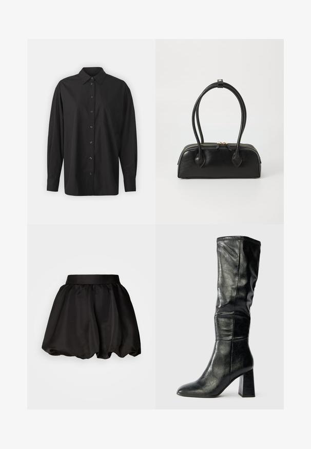 GAP THE BIG SHIRT - Overhemdblouse - black; Zwarte satijnen rok met een brede tailleband, voorzien van een volumineuze, bubbelvorm. Gladde textuur zonder zichtbare patronen of hardwaredetails.; Zwarte leren kniehoge laars met een spitse neus, verhoogde naden en een chunky blokhak. Glad textuur en een aansluitend schachtontwerp.; Zwarte leren handtas met twee verlengde handvatten, ritsluiting en ronde vorm; gladde textuur met subtiele glanzende afwerking.