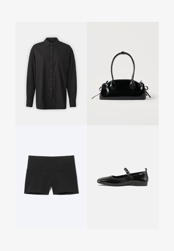 GAP THE BIG SHIRT - Chemisier - black; Shorts de sport noirs moulants avec une large ceinture, conçus pour le confort et la flexibilité.; Chaussure plate en cuir verni noir avec un bout pointu, une sangle de cheville avec boucles, et une texture lisse et brillante. Talon bas pour le confort.; Petit sac à main noir brillant avec deux longues anses et des détails à cordon sur les côtés sur un fond clair uni.