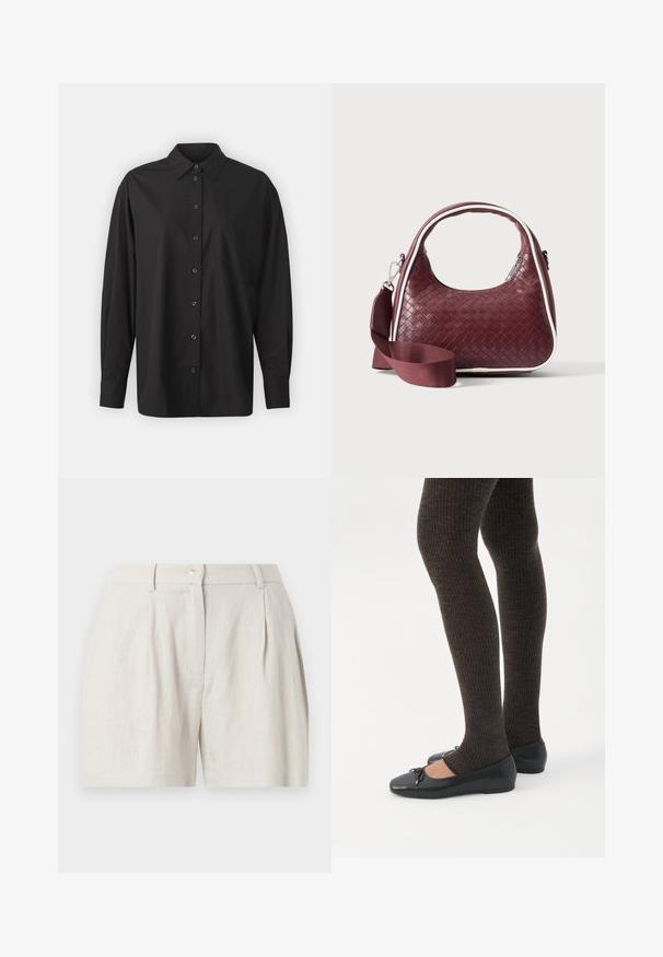 GAP THE BIG SHIRT - Skjortebluser - black; Kremfarvede hørshorts med høj talje, frontfolder, sidelommer, bæltestropper og knaplukning.; Ben iført mørke ribbede leggings kombineret med sorte balletsko med små sløjfedetaljer på hvid baggrund.; Mørkerød vævet lædertaske med buet hank, hvid kant, sølv lynlås og aftagelig bred stofskulderrem mod en ensfarvet baggrund.