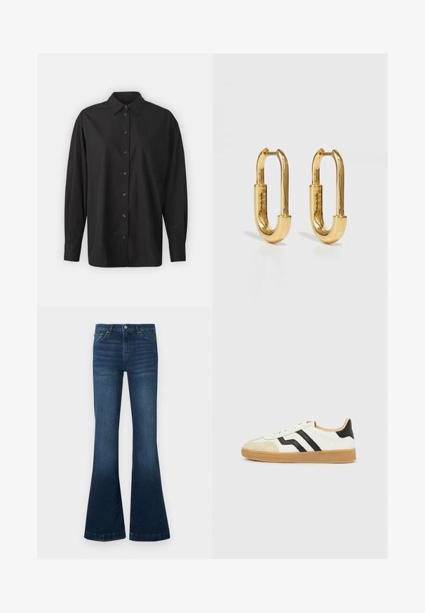 GAP THE BIG SHIRT - Overhemdblouse - black; Donkerblauwe spijkerbroek met wijde pijpen, vijf zakken en een sluiting met knoop en ritssluiting aan de taille.; Witte sneaker met beige neuskap, zwarte zijstrepen, lichtbruine zool en een lage snit.; Gouden metalen creolen met een langwerpige ovale vorm, voorzien van een gladde, gepolijste oppervlakte en een kleine scharnier voor bevestiging.