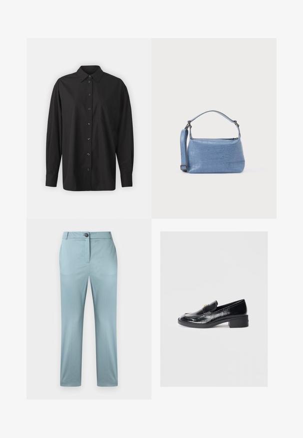 GAP THE BIG SHIRT - Overhemdblouse - black; Lichtblauwe, op maat gemaakte broek met een voorste knoop, ceintuurlussen en een rechte pijp, afgebeeld tegen een effen achtergrond.; Zwarte gepatineerde leren instappers met een lage blokhak, voorzien van een gestikt ontwerp en goudkleurige decoratieve accenten op het bovenwerk.; Lichtblauwe handtas met krokodillenprint, voorzien van een korte handgreep en een afneembare schouderriem. Gladde textuur met een ritssluiting.