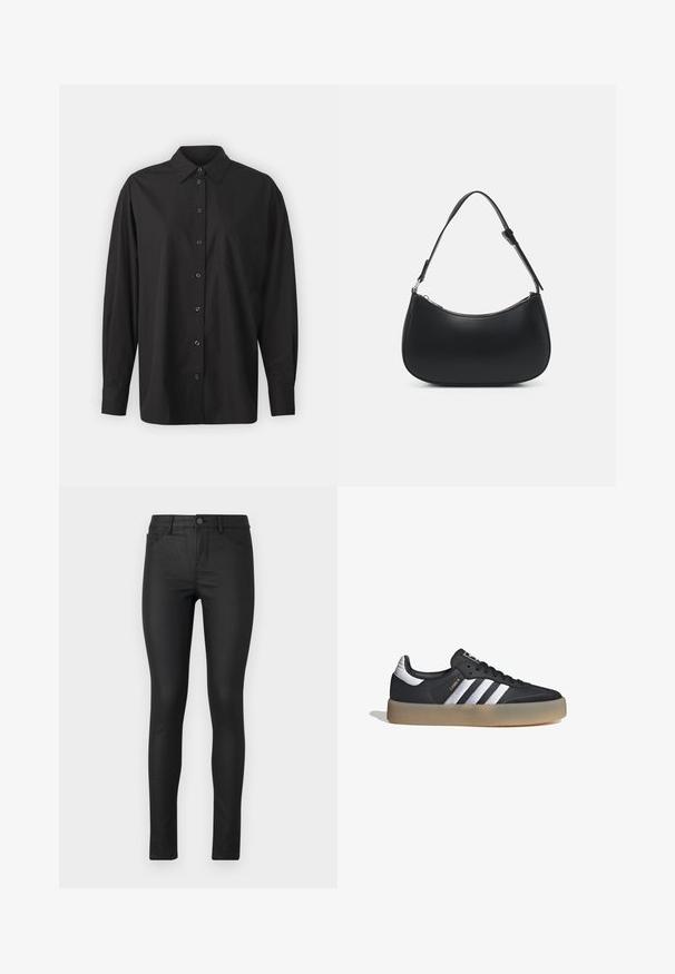 GAP THE BIG SHIRT - Blusa - black; Jeans skinny negros con una textura suave, cintura alta y diseño de cinco bolsillos. Presentan un cierre de botón en la parte delantera y detalles de costura.; Zapatilla deportiva de cuero negro con tres rayas plateadas, punta texturizada y suela de goma. Cuenta con un collar acolchado y un diseño con cordones.; Pieces PCALUANA SHOULDER BAG - Bolso de mano - black