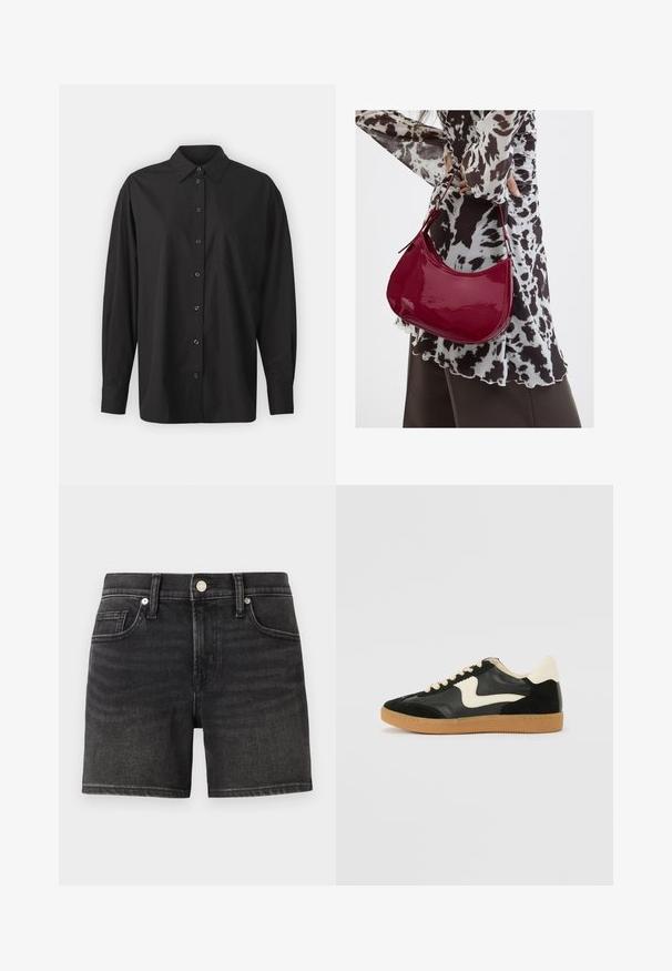 GAP THE BIG SHIRT - Blusa - black; Bermudas de mezclilla negra con un diseño clásico de cinco bolsillos, que presentan un cierre frontal con botón y un leve desgastado para añadir textura.; Zapatillas de deporte de ante y cuero negro con un swoosh lateral en crema y un talón en crema claro. Presenta cordones beige y una suela de goma marrón.; Mujer con blusa de estampado en blanco y negro sosteniendo un bolso de hombro rojo brillante sobre un fondo liso.
