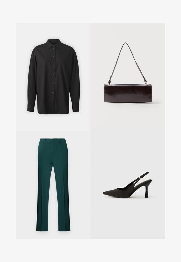 GAP THE BIG SHIRT - Overhemdblouse - black; Donkere groene broek, gemaakt van gladde stof. Heeft een getailleerde pasvorm, een vlak voorpand en rechte pijpen met een nette zoom. Geen zichtbare patronen of accenten.; Zwarte slingback hakken met een spitse neus, een gladde matte afwerking en een slanke, glanzende hak. Verstelbare band met een klein gespdetail.; Rechthoekige zwarte leren handtas met een enkele lange schouderband en een glanzende afwerking, weergegeven tegen een effen witte achtergrond.
