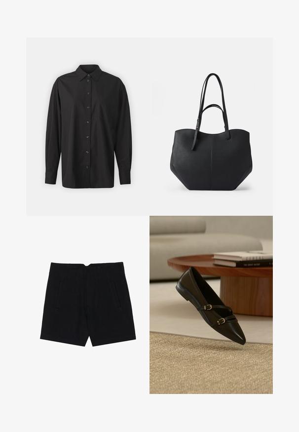 GAP THE BIG SHIRT - Skjortebluser - black; Sorte shorts lavet af et glat stof, der har sidelommer, en skræddersyet pasform og strukturerede læg foran for en ren silhuet.; Sort flad sko med spids snude og to tynde remme med spænder, der svæver over et beige tæppe, med et bord i træ og bøger i baggrunden.; Sort tote taske med glat, struktureret læder, afrundet top og to lange håndtag. Har en vinkelret bund for stabilitet og et struktureret design.