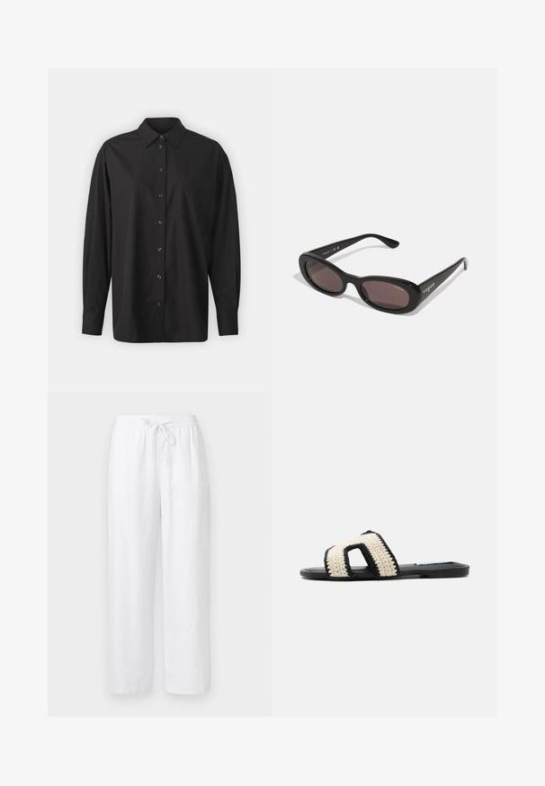 GAP THE BIG SHIRT - Overhemdblouse - black; Witte linnenmix loszittende broek met elastische tailleband en vooraan trekkoord, rechte pijp.; Zwarte platte slide-sandaal met brede crème gehaakte band met grote uitsnede en zwarte rand.; Zwarte zonnebril met ovale monturen, donker getinte glazen en "vogue" in het wit gedrukt op de buitenste armen. Glad plastic materiaal.