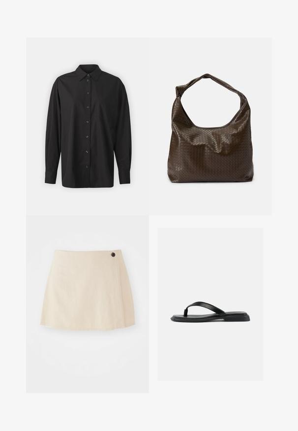 GAP THE BIG SHIRT - Skjortebluser - black; Lys beige mini skirt lavet af blød stof, med en omslag-design, færdig kant, og en enkelt mørk knapdetalje på siden.; Sort flad thong-sandal med tekstureret rem og let forhøjet hæl, vist i sideprofil mod en ensartet lys baggrund.; Brun flettet lædertaske med en blød, slasket form, et enkelt håndtag og en tekstureret overflade. Den har en blød, blank finish og afrundede kanter.
