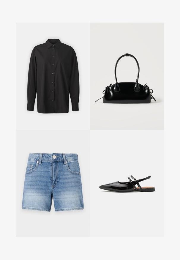 GAP THE BIG SHIRT - Overhemdblouse - black; Lichtblauwe denimshorts met knoopsluiting aan de voorkant, ritssluiting, lussen voor een riem en voorzakken op een effen witte achtergrond.; Zwarte gepatineerde leren slingback schoenen hebben een spitse neus, twee banden met gespsieraden en een platte zool.; Kleine zwarte glanzende handtas met twee lange hengsels en zijkant trekkoord details op een effen lichte achtergrond.