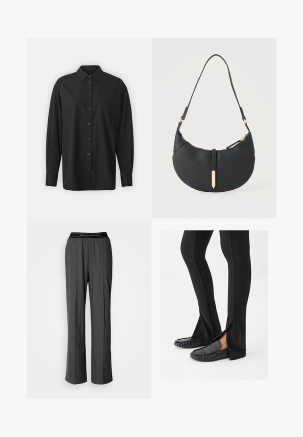 GAP THE BIG SHIRT - Nööpidega pluus - black; Hallid, laiad püksid plekkide ja tekstuuriga kangast. Must vöökoht, millel on "NØRGAARD" logo.; Jalad, mis kannavad musti lehvikpükse külje lõhikuga, sobitatud mustade nahast mokassiinidega valgel taustal.; Mustast poolkuu kujuga käekott ühe rihmaga, kuldse lukkude ja kuldse ristkülikukujulise dekoratiivse plaadiga ees.