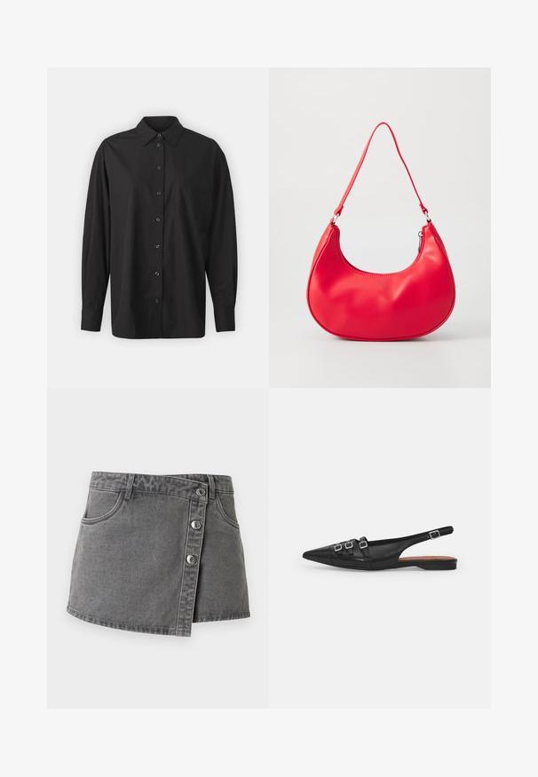 GAP THE BIG SHIRT - Blusa - black; Mini falda vaquera gris con cierre de botones delanteros, trabillas para cinturón y bolsillos delanteros, mostrada sobre un fondo blanco.; Zapato plano slingback de cuero negro con puntera puntiaguda, que presenta dos correas horizontales y hebillas plateadas cuadradas, tacón bajo y textura suave.; Bolso de hombro de piel sintética roja con forma curvada, correa delgada y cierre de cremallera. Textura suave con detalles de costura visibles.