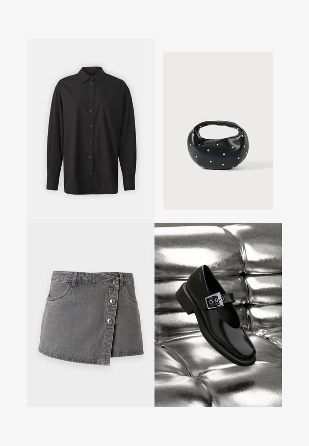 GAP THE BIG SHIRT - Paitapusero - black; Harmaa farkku minihame, jossa edessä nappikiinnitys, vyölenkit ja etutaskut, valkoista taustaa vasten.; Musta nahkainen Mary Jane -kenkä neliömäisellä kärjellä, hopealla soljella ja paksulla alhaisella korolla, sijoitettu kiiltävän hopean taustalle.; Musta nahkainen käsilaukku, jossa on pyöreä muoto, koristeltu hopeisilla niittikoristeilla ja lyhyt kahva. Sileä pinta ja vetoketjullinen suljenta.