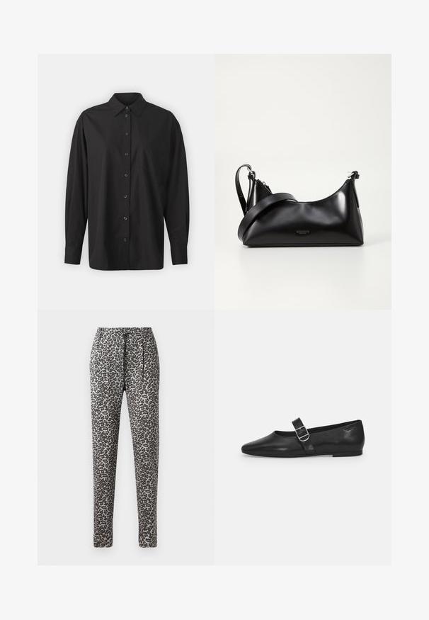 GAP THE BIG SHIRT - Πουκαμίσα με κουμπιά - black; Κάπες με σχέδιο λεοπάρ, σε χαλαρή γραμμή, με ελαστική μέση και πλαϊνές τσέπες. Το ύφασμα έχει λεία και απαλή υφή σε γκρι και μαύρους τόνους.; Μαύρο δερμάτινο φλατ παπούτσι με στρογγυλή μύτη, μία ρυθμιζόμενη αγκράφα και λεία, γυαλιστερή υφή. Μινιμαλιστικός σχεδιασμός με χαμηλό τακούνι.; Μαύρη δερμάτινη τσάντα χειρός με λεία υφή. Διαθέτει ρυθμιζόμενο λουρί και κομψό, μινιμαλιστικό σχέδιο με φερμουάρ.