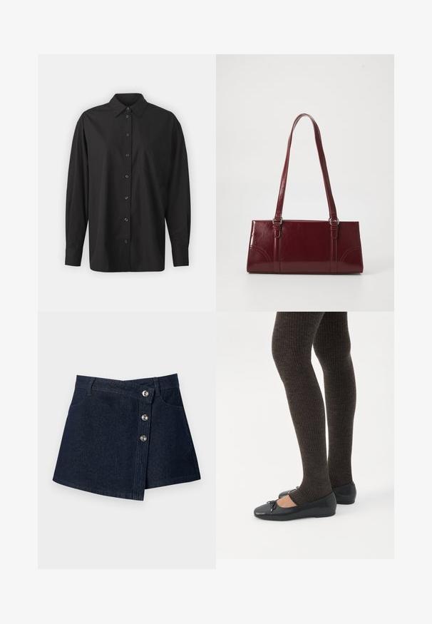 GAP THE BIG SHIRT - Overhemdblouse - black; Donkerblauwe denim minirok met asymmetrische voorkant, zilverkleurige knoopsluitingen, riemlussen en steekzakken vooraan op effen achtergrond.; Benen met donkere geribbelde leggings gecombineerd met zwarte ballerina's met kleine strikdetails op een witte achtergrond.; Bourgondische handtas van glanzend materiaal, rechthoekige vorm, met twee schouderbanden en subtiele gebogen accenten aan de voorkant.