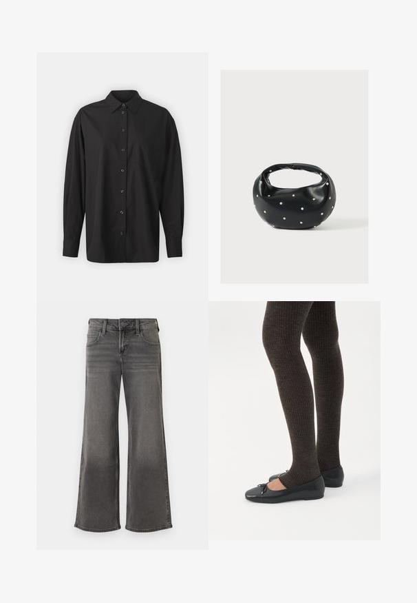 GAP THE BIG SHIRT - Blusa - black; Jeans de pierna ancha grises hechos de denim, con un clásico diseño de cinco bolsillos, cierre de botón y detalles de costura a lo largo de las costuras.; Piernas con leggings oscuros acanalados combinados con bailarinas negras que presentan pequeños detalles de lazo sobre un fondo blanco.; Bolso de mano de cuero negro con forma redondeada, decorado con detalles de tachuelas plateadas y un asa corta. Textura lisa y cierre con cremallera.