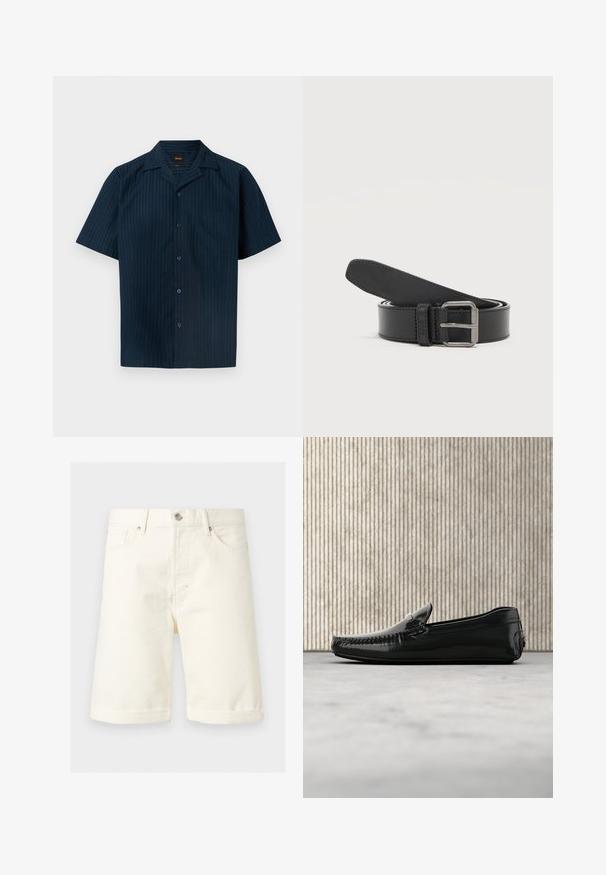 Chemise homme bleu marine à manches courtes avec boutons, rayures verticales subtiles et une poche poitrine.; Short en denim couleur crème jusqu'aux genoux avec poches avant, passants de ceinture, fermeture par bouton et ourlets retournés.; Mocassins en cuir noir avec une finition brillante, bout rond et quincaillerie décorative à l'avant. Semelle en caoutchouc à profil bas. Texture lisse.; Ceinture en cuir noire enroulée avec une boucle rectangulaire en métal argenté sur un fond clair uni.