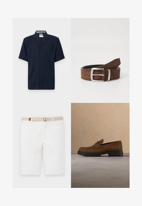 Navyblå kortærmet skjorte med krave og en enkelt brystlomme, vist mod en ensfarvet baggrund.; Hvide bomuldsshorts med et vævet beige bælte med en brun accent. Shortsene har et rent design og en glat tekstur.; Mørkebrune læderloafer med tyk sort gummisål vist over en beige tæppe- og sofa baggrund.; Brun ruskindsbælte med en sølvmetalspænde og linær syning. Bæltet er fladt og har en klassisk bredde og form.