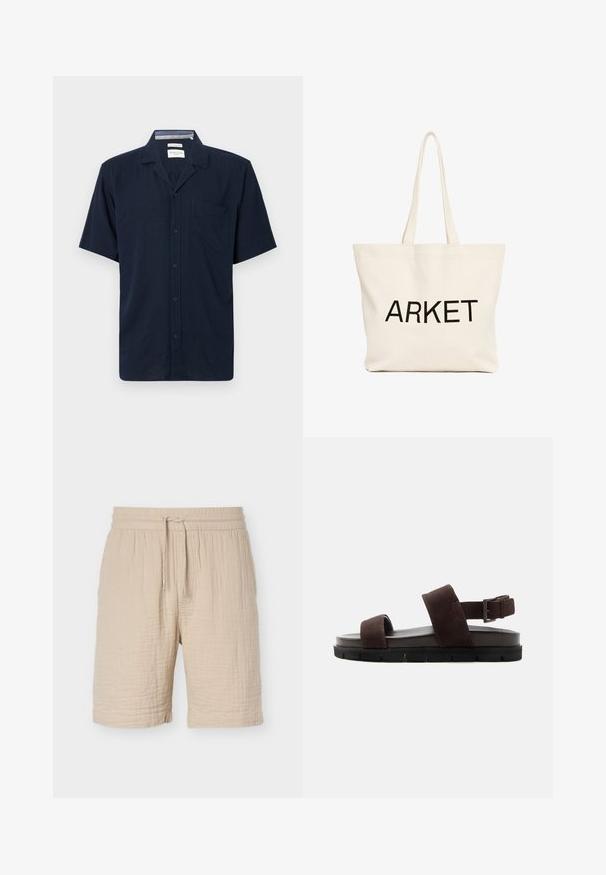 Camisa azul marino de manga corta con botones, cuello y un bolsillo único en el pecho, mostrada sobre un fondo liso.; Pantalones cortos beige de mezcla de algodón con cintura elástica, cordón ajustable, tela texturizada y bajo a la altura de la rodilla.; Sandalia de ante marrón con dos correas, suela acolchada gruesa y correa ajustable con hebilla en el talón, mostrada de perfil sobre fondo blanco.; Bolsa tote de lona beige con asas largas y texto negro "ARKET" impreso en el frente.