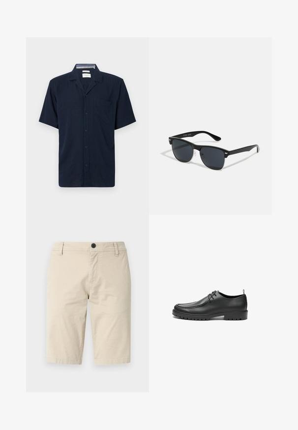 Dunkelblaues Kurzarmhemd mit Kragen und einer einzelnen Brusttasche, vor einem einfarbigen Hintergrund dargestellt.; Beige Shorts aus leichtem Stoff mit flachem Frontdesign, einem Knopfverschluss und zwei Seitentaschen; glatte Textur.; Schwarze Lederschuhe mit glatter Oberfläche, runder Zehenform und dekorativer Naht. Mit einer Gummisohle mit Traktionsrillen und Schnürdesign.; Schwarze Sonnenbrille mit rechteckiger Form, dunklen Gläsern, silbernen Akzenten an den Bügeln und mattierter Oberfläche des Rahmens.