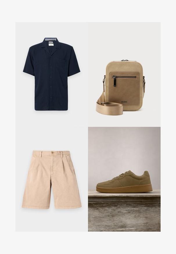 Navyblå kortærmet skjorte med krave og en enkelt brystlomme, vist mod en ensfarvet baggrund.; Beige shorts lavet af bomuld, med en lige pasform, plisseret front, sidelommer og en enkelt knaplukning i taljen.; Olivengrøn sneaker med snørebånd, der svæver over en træbænk, med sløret grønt løv i baggrunden.; Lille beige crossbody-taske med lynlåslomme foran, metal ALDO-logo, justerbar bred rem og rundet rektangulær form på hvid baggrund.