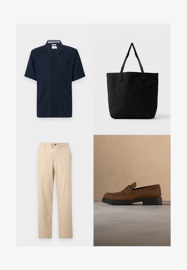 Dunkelblaues Kurzarmhemd mit Kragen und einer einzelnen Brusttasche, vor einem einfarbigen Hintergrund dargestellt.; Helle, beige Leinenhosen mit einem Kordelzugbund, geradem Schnitt, vorderen Taschen und einer glatten Textur. Minimalistisches Design ohne Muster.; Dunkelbrauner Lederloafer mit dicker schwarzer Gummisohle, dargestellt über beigem Teppich und Sofa-Hintergrund.; Schwarze Canvas-Shopper-Tasche mit zwei Schulterriemen und einem dezenten, eingeprägten kreisförmigen Design auf der Vorderseite.