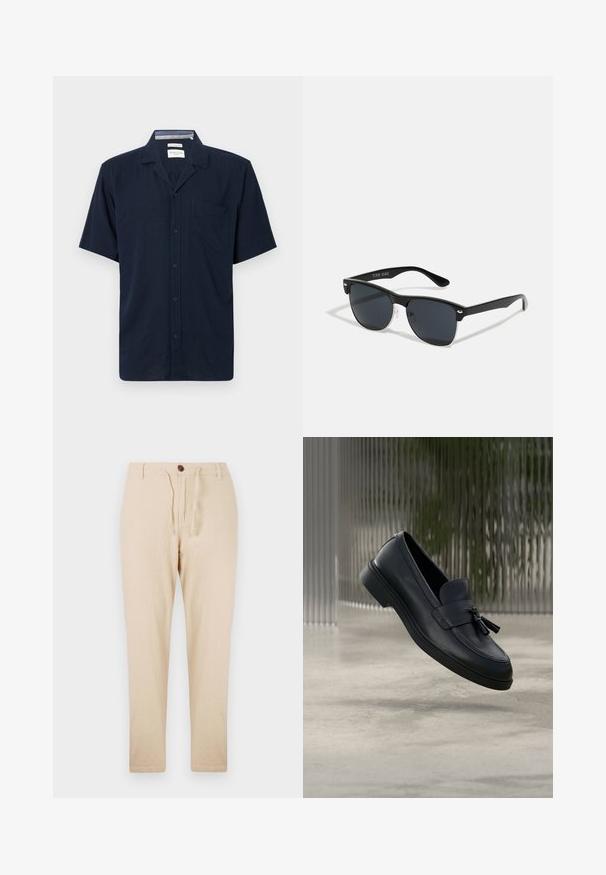 Kortermaags marineblauw overhemd met kraag en een borstzak, weergegeven tegen een effen achtergrond.; Beige linnen pantalon met een strikband in de taille, knoopsluiting, toelopende pijpen en een zachte textuur, geschikt voor warm weer.; Zwarte leren loafers met een gladde textuur, een afgeronde neus en decoratieve kwastjes aan de voorkant. Flexibele rubberen zool met lage hak.; Zwarte zonnebril met een rechthoekige vorm, donkere lenzen, zilveren accenten bij de slapen en een matte afwerking op het montuur.