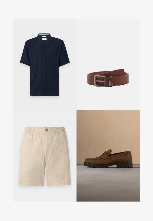 Navyblå kortærmet skjorte med krave og en enkelt brystlomme, vist mod en ensfarvet baggrund.; Beige bomuldsshorts med elastisk talje, knaplukning og forreste syningsdetalje mod hvid baggrund.; Mørkebrune læderloafer med tyk sort gummisål vist over en beige tæppe- og sofa baggrund.; Brun læderbælte med en glat overflade, der har en sølvmetalspænde og minimalistisk design. Bæltet har en rund ende og præcise syninger.