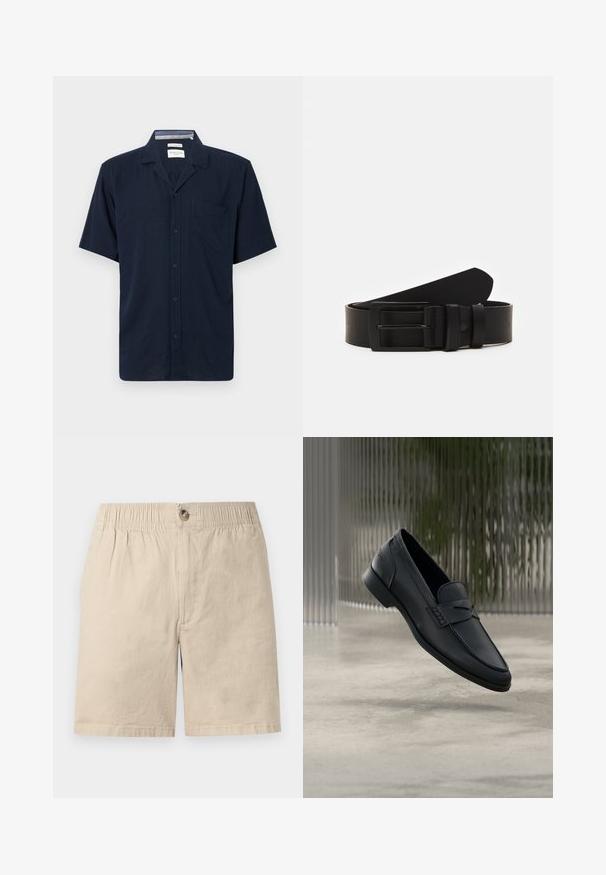 Navyblå kortærmet skjorte med krave og en enkelt brystlomme, vist mod en ensfarvet baggrund.; Beige bomuldsshorts med elastisk talje, knaplukning og forreste syningsdetalje mod hvid baggrund.; Sort læderloafer med glat finish, spids tå og sømdetaljer over vristen. Lav hæl og minimalistisk design.; Sort læderbælte rullet med en mat sort rektangulær metalspænde og to bæltesløjfer på en hvid baggrund.
