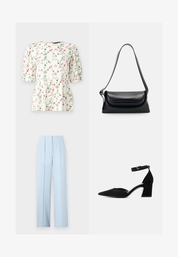 Blusa blanca con estampado floral colorido, con mangas cortas abullonadas y un corte holgado. Hecha de una tela ligera y texturizada.; Pantalones de pierna ancha de tiro alto en azul claro con pliegues delanteros y cierre de bragueta oculto sobre un fondo liso.; Zapato femenino de ante negro con punta puntiaguda, tacón bloque y correa en el tobillo con hebilla plateada, vista lateral sobre fondo blanco.; Bolso de piel negra con una forma estructurada, una textura suave y una sola correa para el hombro. Presenta un diseño de tapa sutil y redondeado.