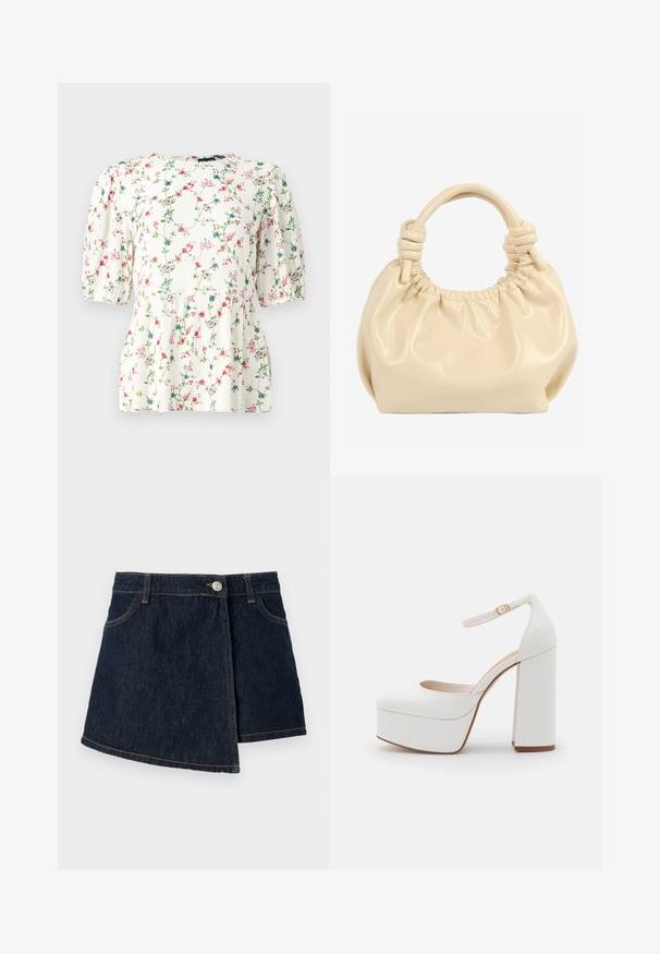 Blouse blanche avec un imprimé floral coloré, manches bouffantes courtes et coupe décontractée. Fabriquée en tissu léger et texturé.; Jupe en denim avec une teinte foncée, de forme A, fermeture à boutons sur le devant et détails de couture subtils. Elle présente un design enroulé sur le côté.; Chaussures à plateforme blanches avec un large talon bloc, une bride à la cheville, un bout arrondi et une texture lisse. Design minimaliste avec des lignes épurées.; Sac à main en cuir souple couleur crème avec dessus froncé et doubles poignées nouées sur fond blanc.