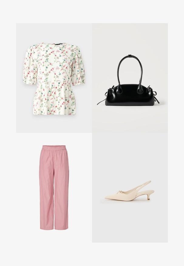 Blouse blanche avec un imprimé floral coloré, manches bouffantes courtes et coupe décontractée. Fabriquée en tissu léger et texturé.; Pantalons larges à rayures roses avec une taille élastique. Fabriqués en tissu léger avec une texture lisse. Présentent de subtiles rayures verticales.; Chaussures slingback à bout pointu en cuir blanc cassé, avec un petit nœud et un petit talon. Texture lisse, design minimaliste.; Petit sac à main noir brillant avec deux longues anses et des détails à cordon sur les côtés sur un fond clair uni.