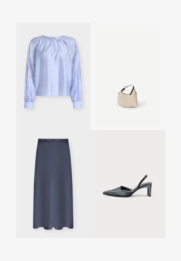 Blouse bleu clair en tissu satin, présentant un col froncé et des manches longues bouffantes avec des accents de broderie en dentelle de chaque côté.; Jupe bleu marine mi-longue avec taille élastique et tissu lisse, présentée à plat sur un fond clair.; Escarpin noir à bride arrière avec un bout pointu, une finition satinée élégante et un talon fin de 7,5 cm. Design latéral ouvert avec des détails de couture minimalistes.; Sac à main en cuir beige en forme de croissant avec une seule bandoulière et des coutures minimalistes, posé sur un fond blanc uni.