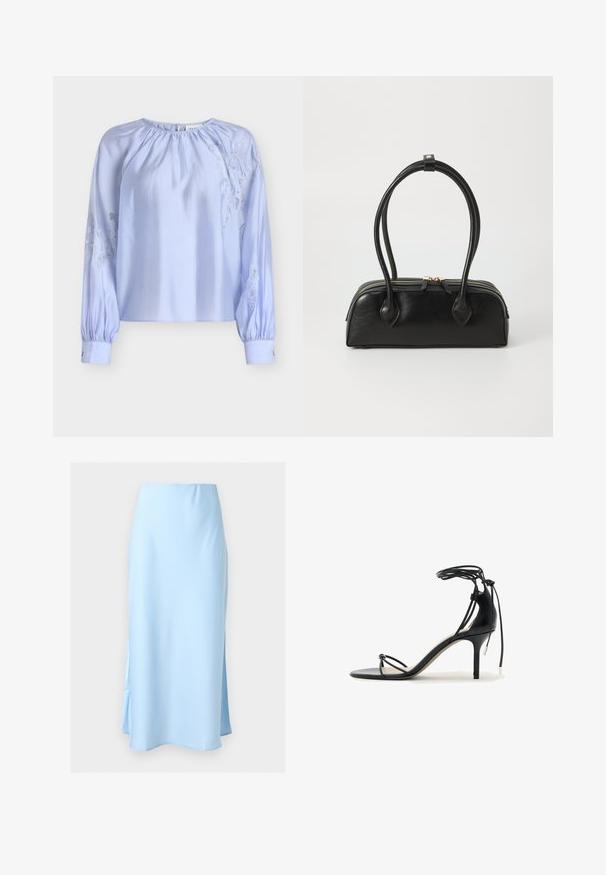 Blouse bleu clair en tissu satin, présentant un col froncé et des manches longues bouffantes avec des accents de broderie en dentelle de chaque côté.; Jupe en satin bleu clair longueur cheville avec une taille haute et des fentes latérales discrètes sur fond uni.; Sandale noire à talon haut avec fines brides, lien autour de la cheville et talon aiguille de hauteur moyenne sur fond blanc.; Sac à main en cuir noir avec deux anses allongées, fermeture éclair et forme arrondie ; texture lisse avec une finition légèrement brillante.