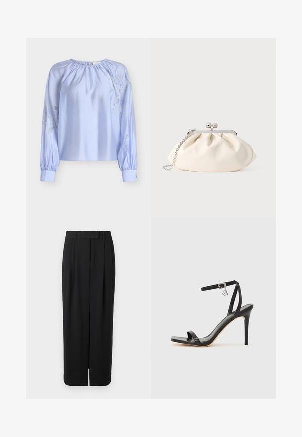 Blouse bleu clair en tissu satin, présentant un col froncé et des manches longues bouffantes avec des accents de broderie en dentelle de chaque côté.; Pantalon noir taille haute à jambes larges avec un pli frontal, passants de ceinture, et une fermeture dissimulée sur fond blanc.; Sandale à talon haut noire avec une bride étroite à la cheville, bout carré, cuir lisse et accent de boucle métallique.; Pochette en tissu crème avec un design froncé, cadre en métal argenté, deux boules décoratives, et une bandoulière chaîne argentée.