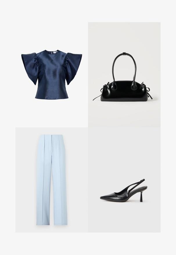 Blouse en satin bleu marine avec de larges manches papillon froncées et un col rond, avec une petite fermeture à bouton dans le dos.; Pantalon large taille haute bleu clair avec plis devant et fermeture à glissière cachée sur un fond uni.; Chaussure à talon haut en cuir noir, à bride arrière, avec un bout pointu et un talon fin sur fond blanc.; Petit sac à main noir brillant avec deux longues anses et des détails à cordon sur les côtés sur un fond clair uni.