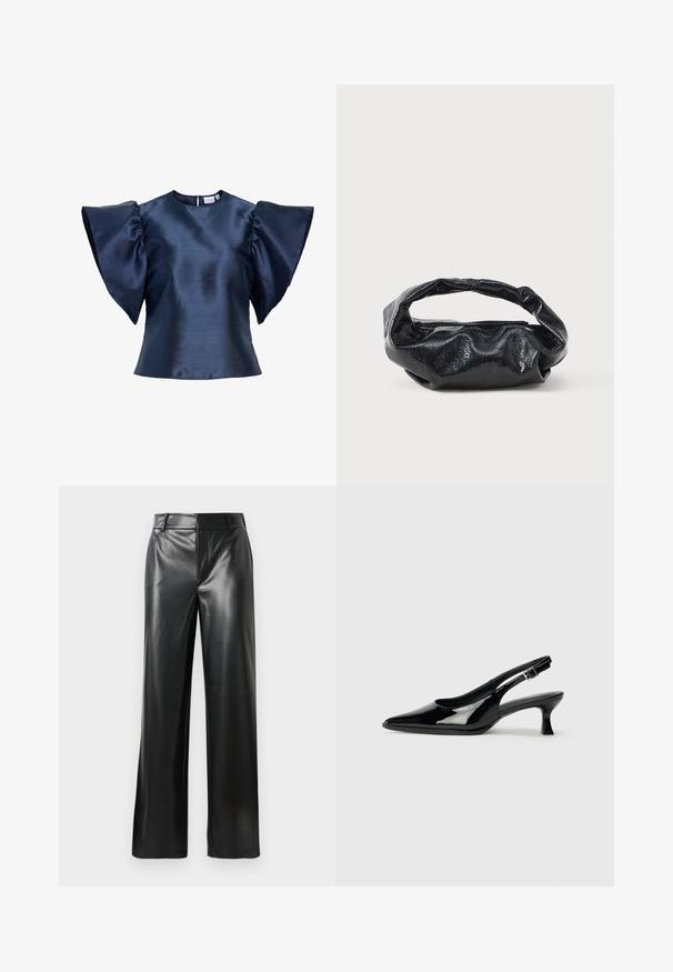 Blouse en satin bleu marine avec de larges manches papillon froncées et un col rond, avec une petite fermeture à bouton dans le dos.; Pantalons large en cuir noir avec une texture lisse, dotés d'une taille mi-haute et de légères plis sur le devant.; Escarpins en cuir verni noir avec un bout pointu et un petit talon carré. Sangle réglable à la cheville avec boucle.; Sac noir en matériau texturé et brillant avec une poignée circulaire torsadée et une fermeture éclair. Présente un design doux et froissé.
