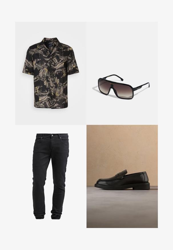 Schwarzes kurzärmliges Hemd mit einem abstrakten grau-gelben Muster, aus leichtem Stoff hergestellt, mit einem Hemdkragen und vorderen Knöpfen.; Schwarze Slim-Fit-Jeans mit Knopf- und Reißverschluss, fünf Taschen und elastischen Bündchen an den Knöcheln.; Schwarzer Lederschuh ohne Schnürsenkel schwebt über einem beigen gewebten Teppich, im Hintergrund ein runder Holztisch und ein Sofa.; Schwarze oversized Sonnenbrille mit Verlaufslinsen, ausgestattet mit einem breiten, kantigen Rahmen, glänzender Oberfläche und goldenen Akzenten an der Seite.