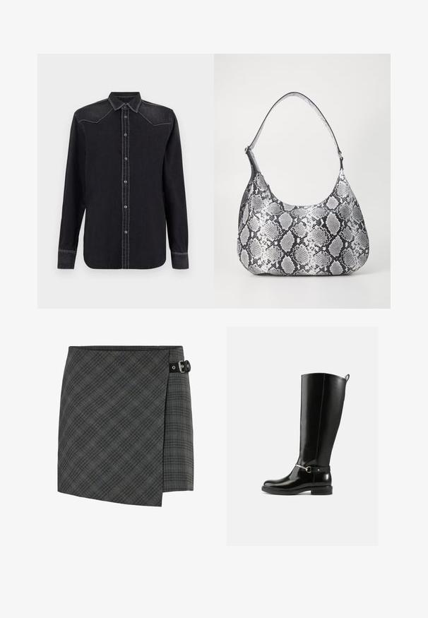 Replay SHIRT - Blusa - black; Falda de lana a cuadros gris oscuro con detalle de hebilla negra en el lado derecho, dobladillo recto y un sutil patrón de líneas diagonales.; Botas negras hasta la rodilla hechas de cuero brillante, con un detalle de hebilla plateada en el tobillo y un diseño de punta redondeada. Suela plana.; Bolso de hombro con estampado de serpiente en blanco y negro, de forma redondeada, textura suave y correa curvada. Presenta un acento de hardware plateado.
