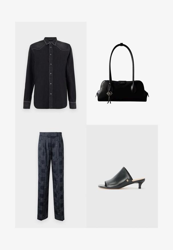 Replay SHIRT - Blusa - black; Pantalones de color azul marino con patrón geométrico, fabricados en una tela suave, con un corte holgado y pliegues delanteros.; Mules de cuero negro de punta abierta con un tacón bajo. Presentan una superficie lisa y un acento del logo dorado en el costado.; Bolso de mano negro de cuero Calvin Klein con asas largas, una etiqueta con el logo frontal y un colgante geométrico plateado que cuelga de una de las asas.