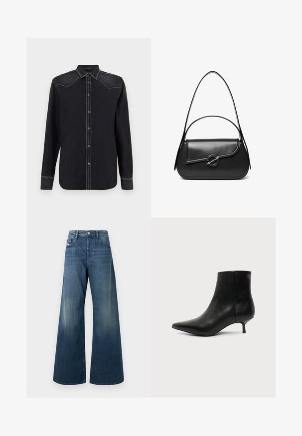 Replay SHIRT - Blusa - black; Jeans de piernas anchas en denim azul oscuro, con un acabado desgastado, diseño tradicional de cinco bolsillos y cierre con botón de metal en la cintura.; Botín de piel negra con puntera puntiaguda y tacón bajo estilo kitten sobre fondo claro, mostrando vista lateral exterior.; Bolso de hombro de cuero negro con una solapa curva asegurada por un broche metálico redondo y una correa delgada y ajustable.
