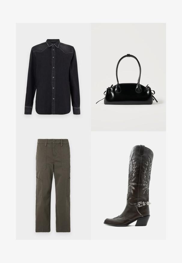 Replay SHIRT - Chemisier - black; Good American CROPPED PANTS - Pantalon cargo - fatigue; Botte de cowboy en cuir noir avec découpes décoratives, boucle argentée et talon incliné, présentée sur fond blanc.; Petit sac à main noir brillant avec deux longues anses et des détails à cordon sur les côtés sur un fond clair uni.