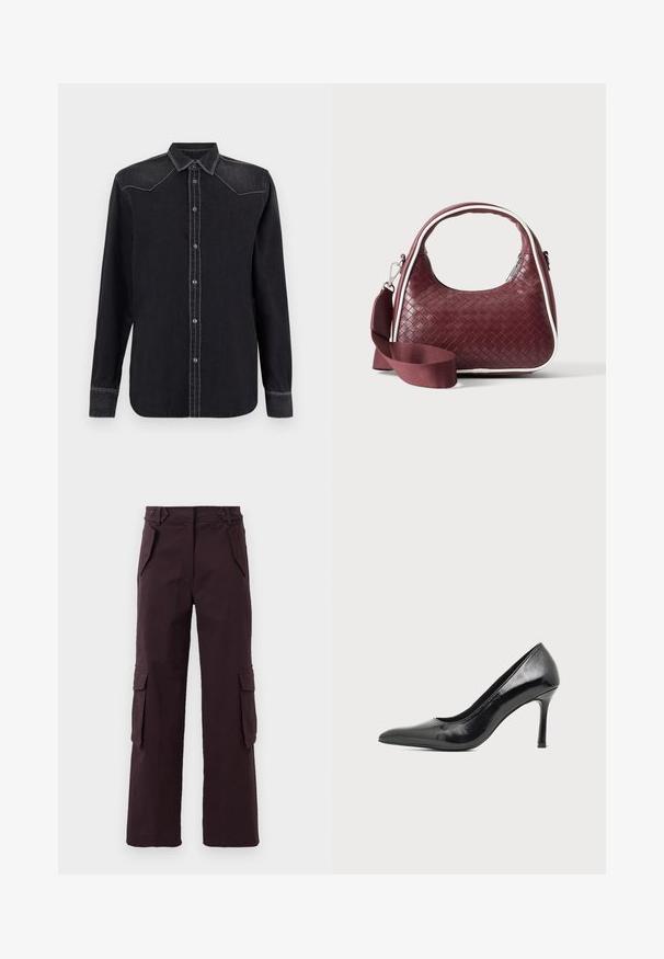 Replay SHIRT - Chemisier - black; Pantalons cargo straight-leg de couleur violet foncé avec des poches à rabat sur les côtés, des poches avant inclinées et des passants de ceinture à la taille.; Chaussure à talon haut pour femme en cuir verni noir avec bout pointu et talon fin sur fond clair uni.; Sac à main en cuir tressé marron foncé avec poignée courbée, garniture blanche, fermeture éclair argentée et bandoulière large en tissu amovible sur fond uni.
